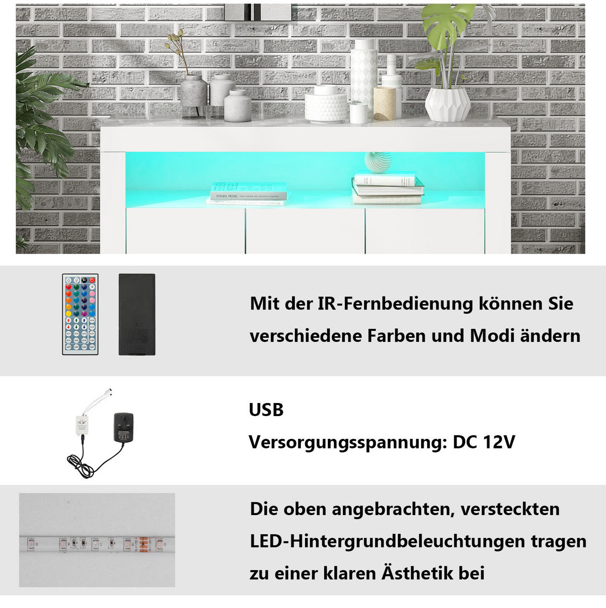 KOMODA z dřevotřísky 130x35x95 cm bílá s LED osvětlením, 3 dvířky a otevřenými policemi ve vysokém lesku - bílá, kompozitní dřevo (130/95/35cm) - Modfu