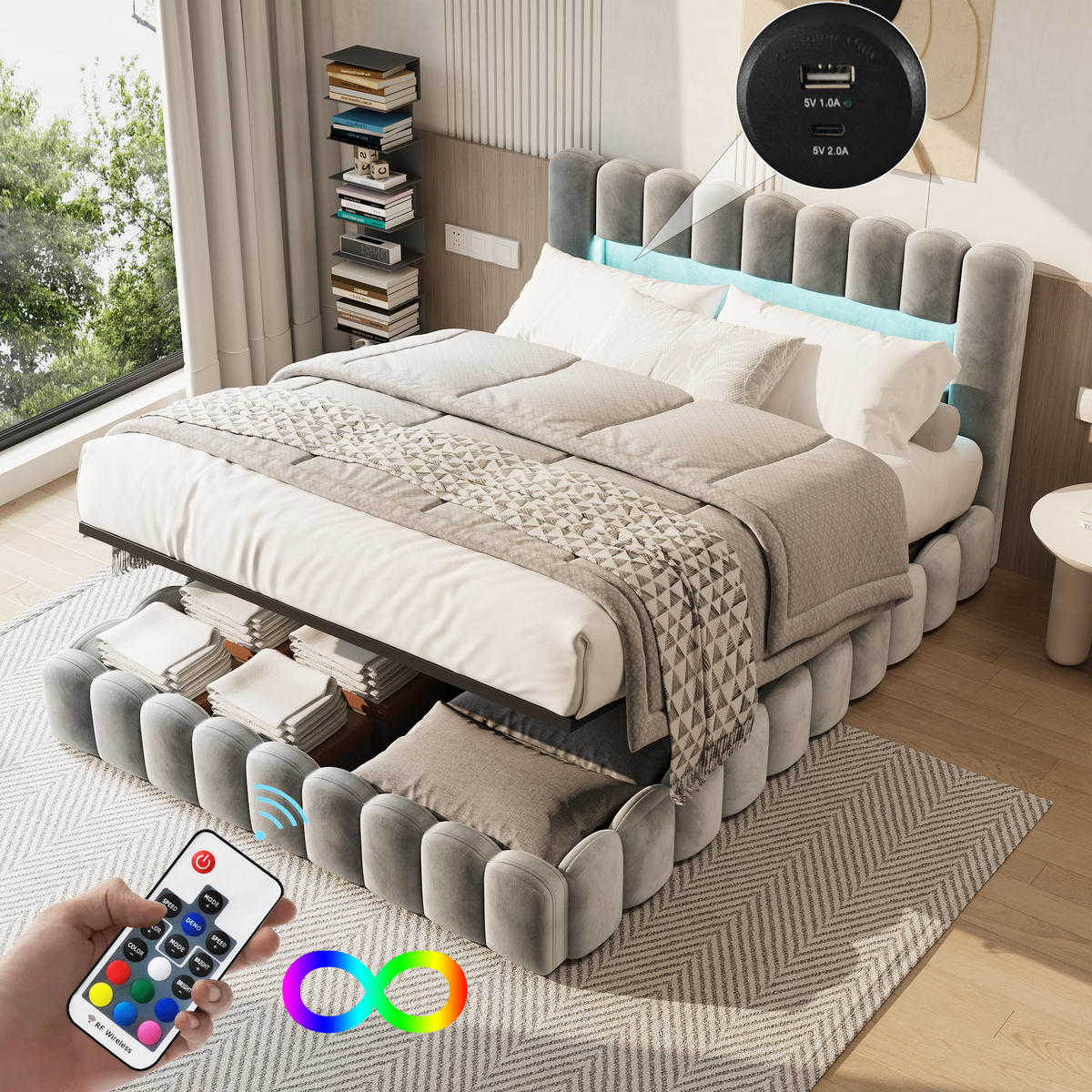 POLSTERBETT 180x200 cm Bubble Design LED USB Stauraum grau - Grau, Holz (180/200cm) - LEBENLANG