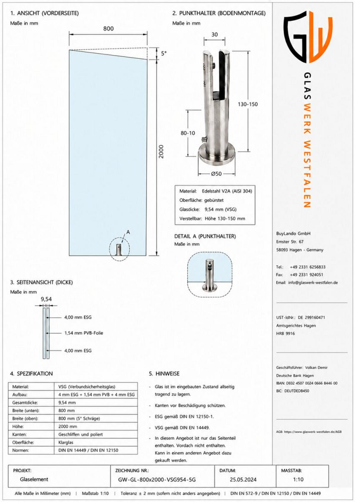 SEITENTEIL für Glasvordach 200 cm Sicherheitsglas Satiniert Eckig - Weiß, Glas (200/1.31/90cm) -  Glaswerk Westfalen