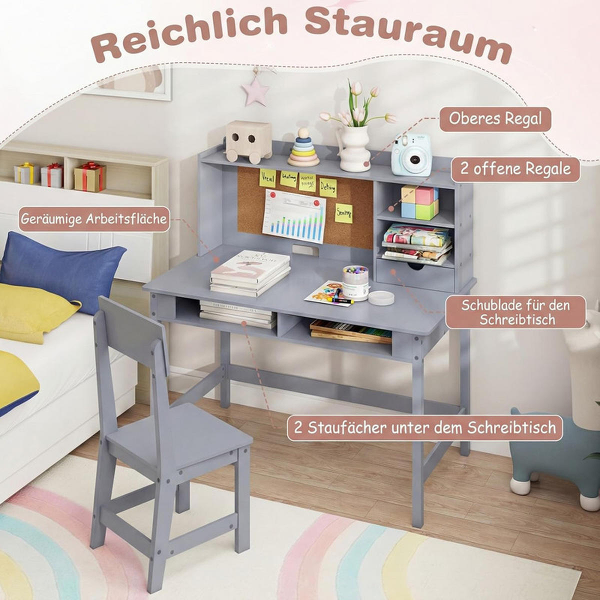 KINDERSCHREIBTISCH-SET aus Holz grau(2-tlg) - Grau, Holzwerkstoff (110/110/60cm) - COSTWAY