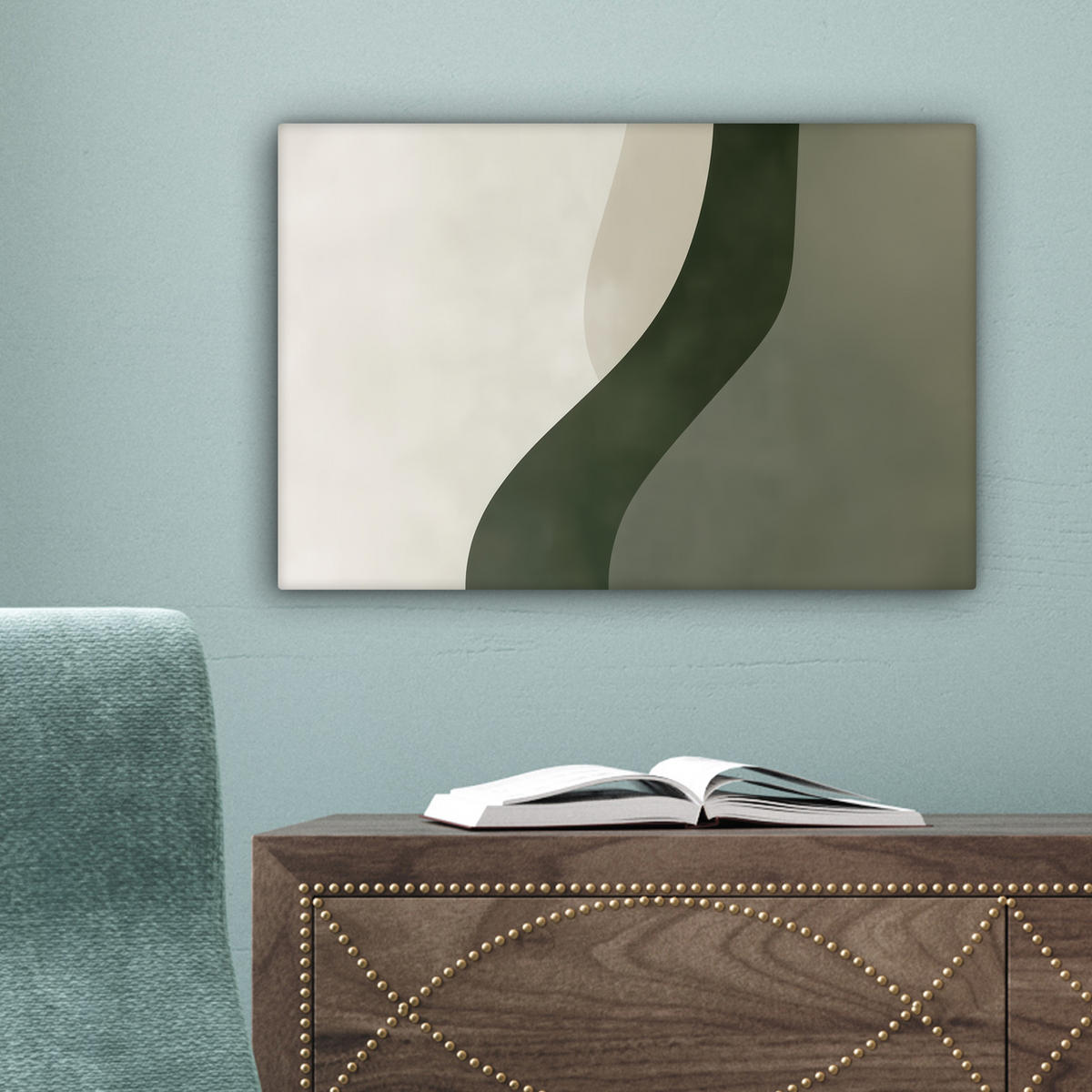 LEINWANDBILD Japandi - Grün - Abstrakt - Modern 30x20 cm - Salbeigrün, Textil (30/20cm) - MuchoWow