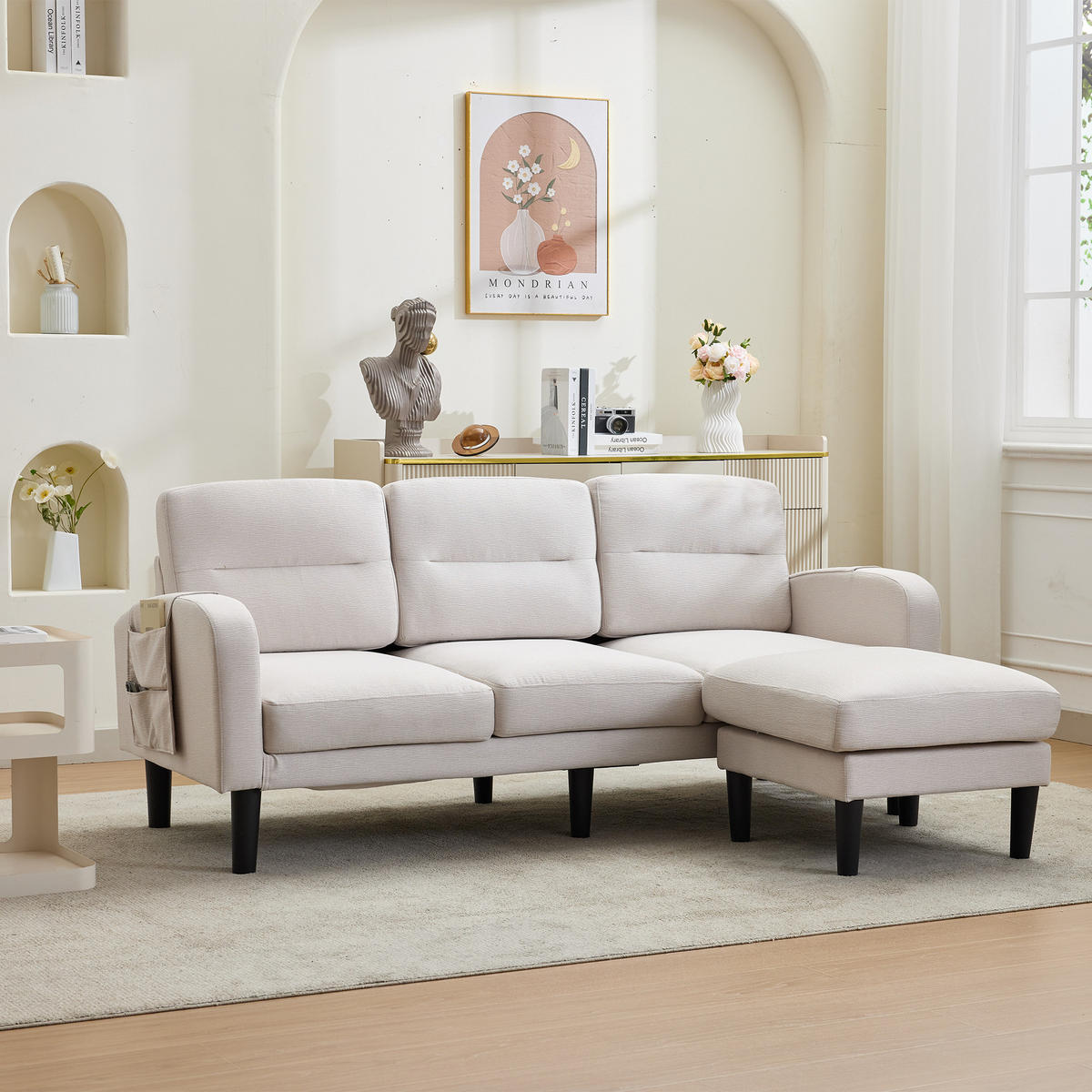 ECKSOFA 204/136/80 cm Beige mit Chaiselongue und Aufbewahrungstasche - Beige, Textil (204/136cm) - Oxeza