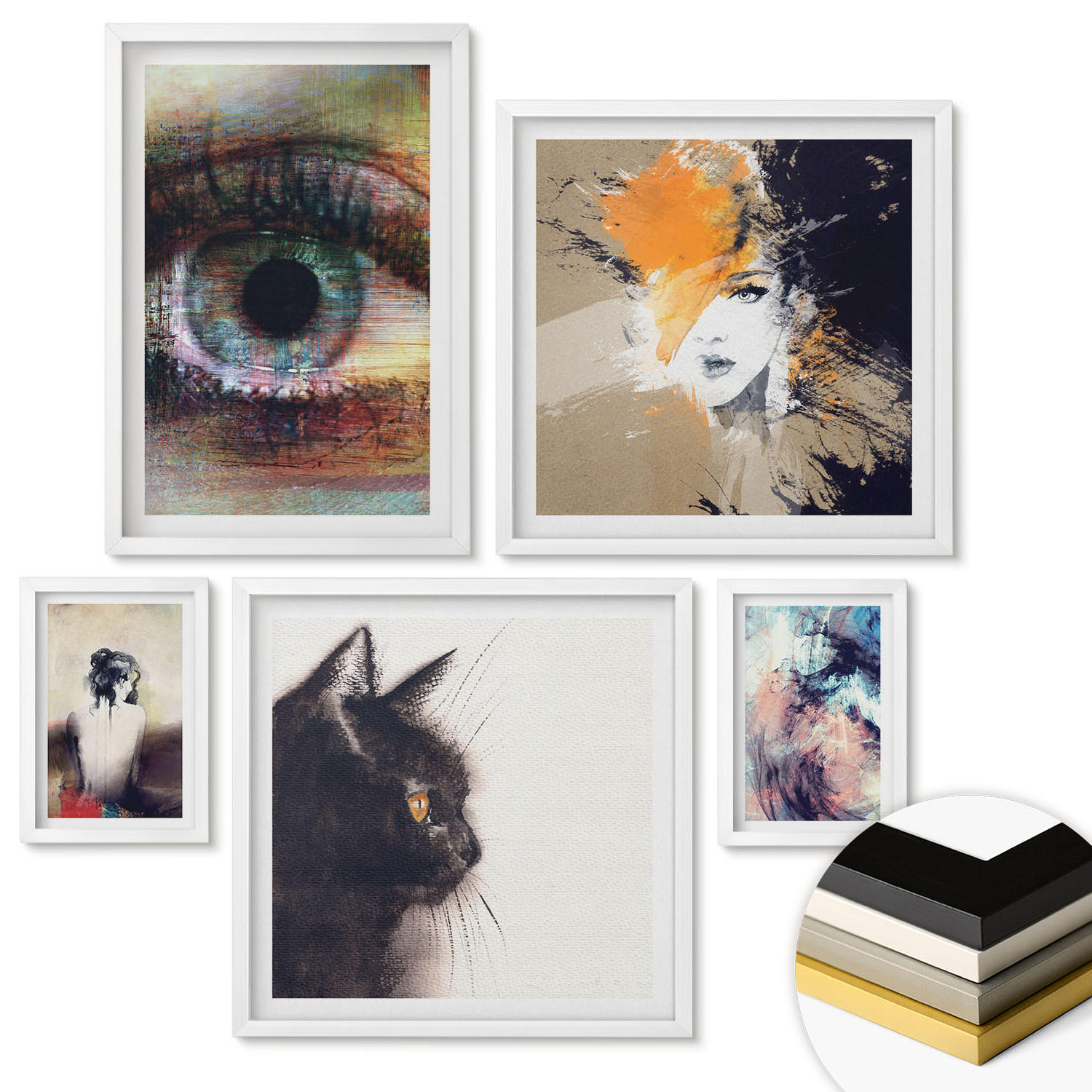 WANDBILDER 5er-Set - 50x50 cm & 20x30 cm & 40x60 cm Weißer Rahmen - Gelbgrau-braune Wellen - Weiß, Kunststoff (40/60cm) - ArtPrintCave