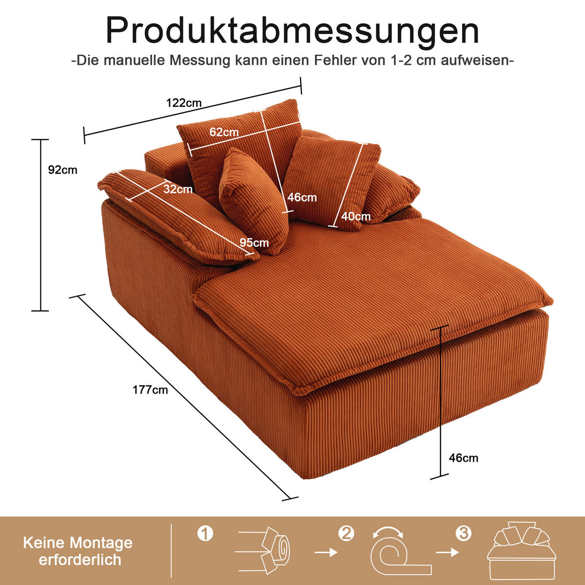 RECLINER Sofa Cord ergonomisch und ohne Montage 177/122/92 cm Orange - Orange, Textil (122/92/177cm) - Redom