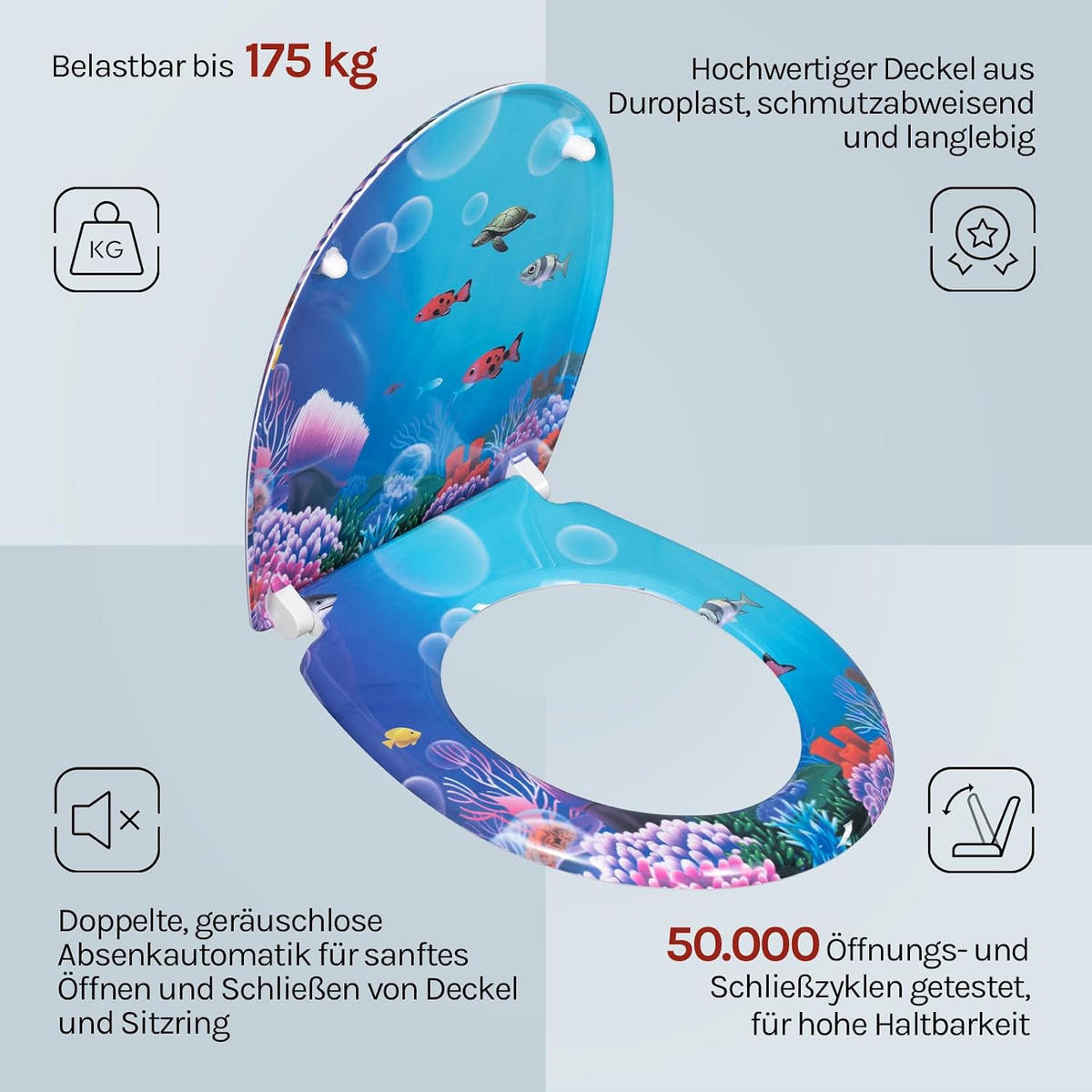 WC SITZ mit Absenkautomatik, Duroplast, Fische Oval - Blau/Weiß, Kunststoff (37/2.51/45cm) - Woltu