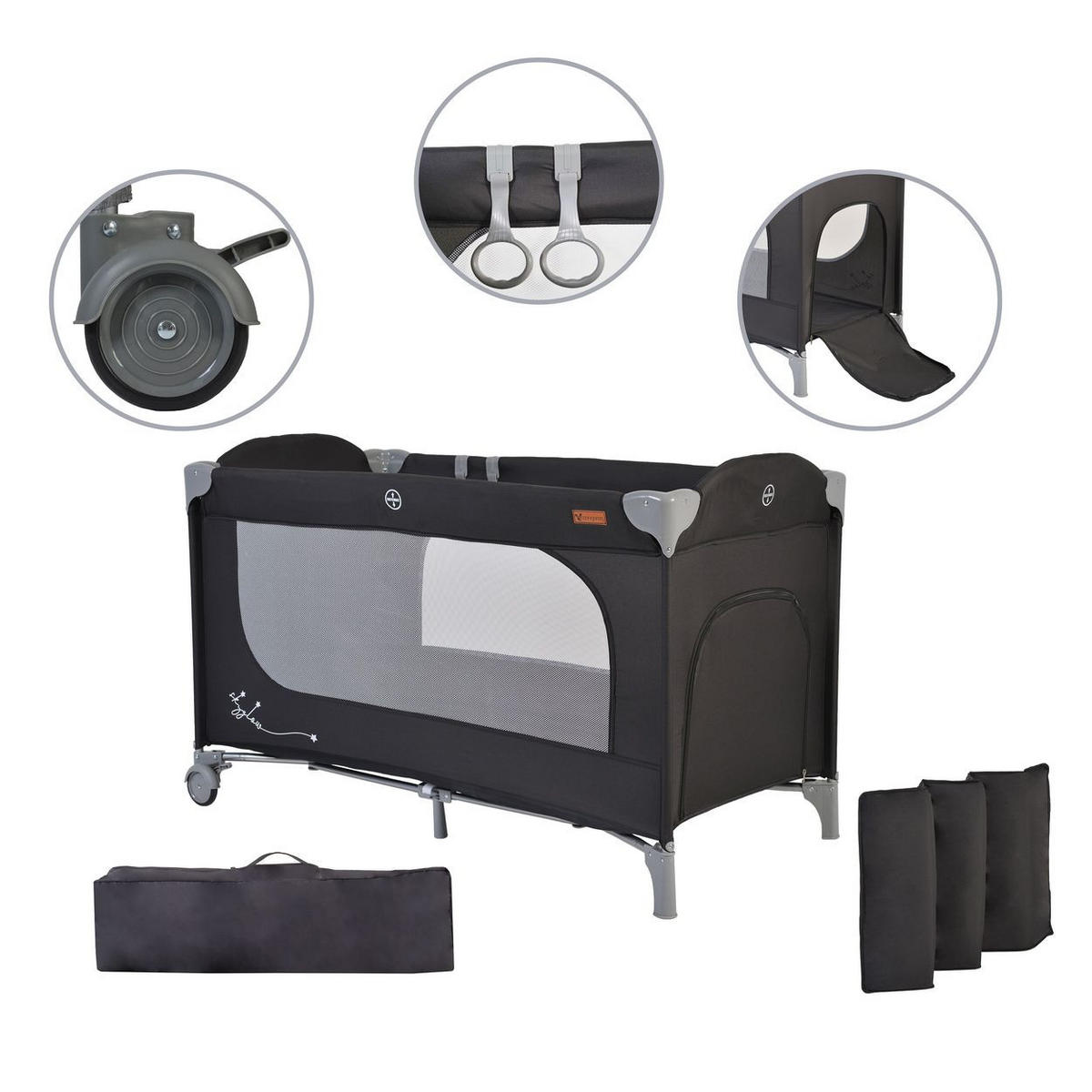 REISEBETT LAUFSTALL Skyglow schwarz 2 Räder mit Bremsen Matratze Seiteneingang - Schwarz, Kunststoff (60/120cm) - Cangaroo