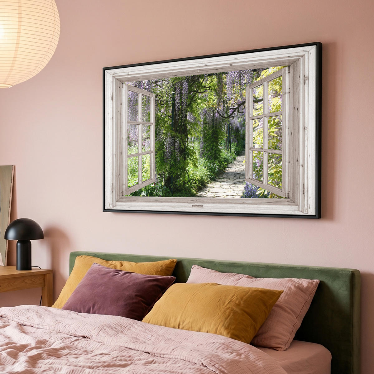 LEINWAND Bilder mit Rahmen - Blauer Regen - Blumen - Aussicht - Baum - Frühling - 150x100 - Grün, Textil (150/100cm) - MuchoWow