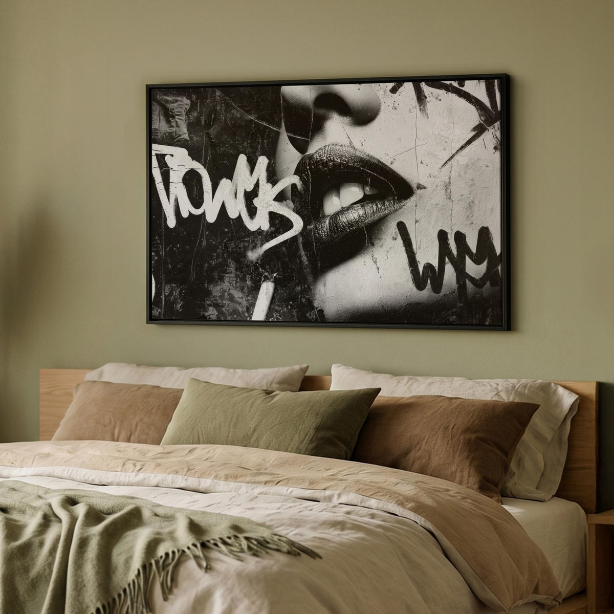 LEINWAND Bilder mit Rahmen - Gesicht - Mund - Graffiti - Schwarz - 90x60 - Schwarz, Textil (90/60cm) - MuchoWow