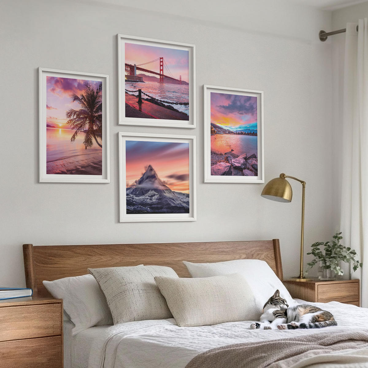 BILDER SET 4er Set - 50x50 cm & 40x60 cm Weißer Rahmen - Sonnenuntergangsbrücke Landschaft - Weiß, Kunststoff (50/50cm) - TULUP