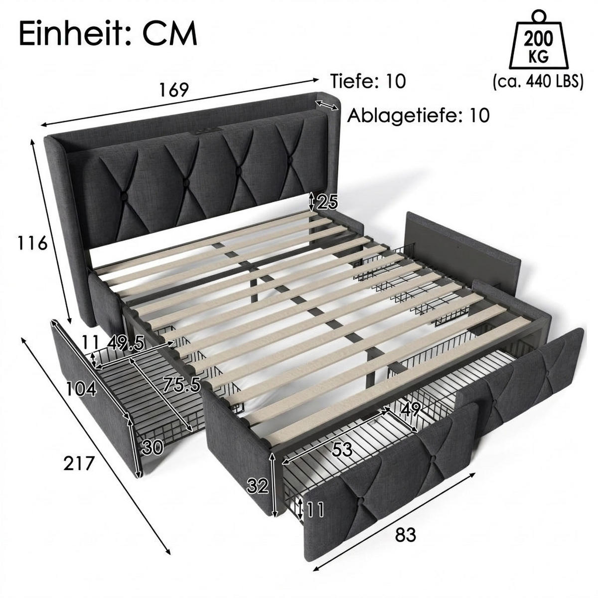 POLSTERBETT 160/200 cm Grau mit aufladen USB Ladefunktion Kopfteil und 4 Schubladen - Grau, Textil (160/200cm) - Oxeza