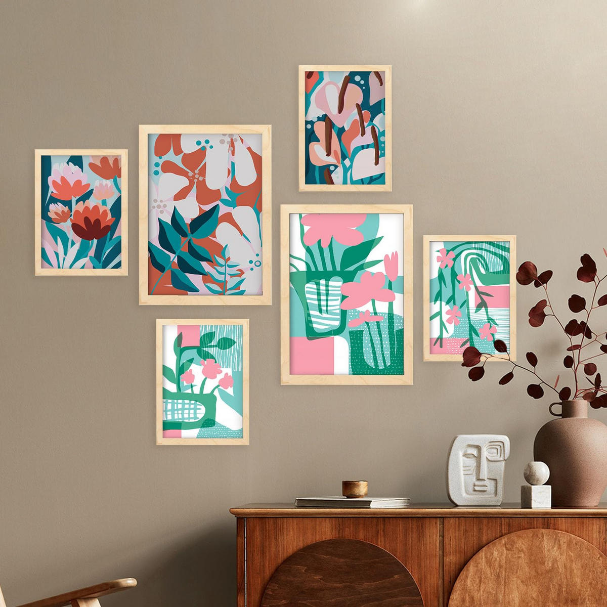 POSTER Set Mit 6 Pinkes Grün In Blume Zusammenfassung Ästhetische Dekorative Gemälde Für Ihr Wohnzimmer Zuhause A3 & A4 Rahmen Aus Hellem Holz - Beige, Papier (29/3cm) - Nacnic
