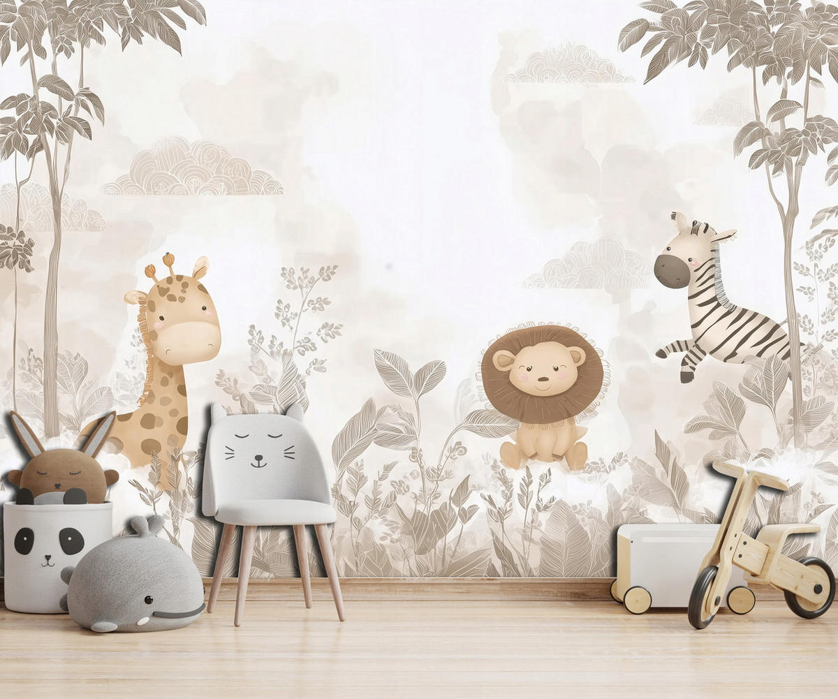 FOTOTAPETE Dschungel Tiere Beige 350x250 cm - Multicolor, Papier (350/250cm) - Wallarena