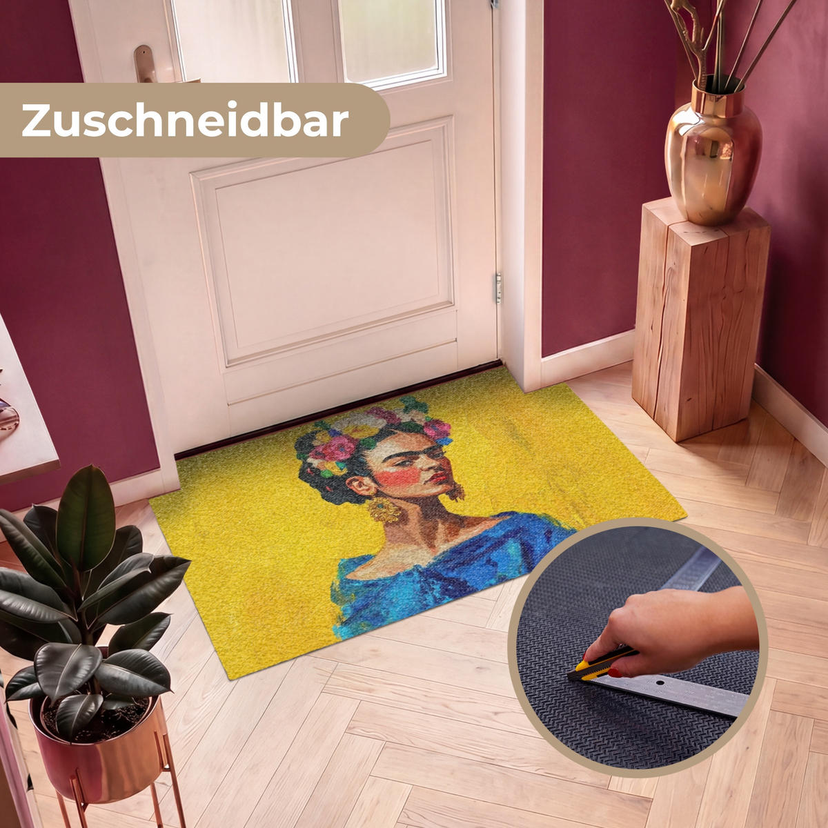 ROHOŽKA Frida Kahlo - Žena - Žlutá - Modrá - Květiny 120x80 cm - žlutá, textil/umělá hmota (120/0.4cm) - MuchoWow