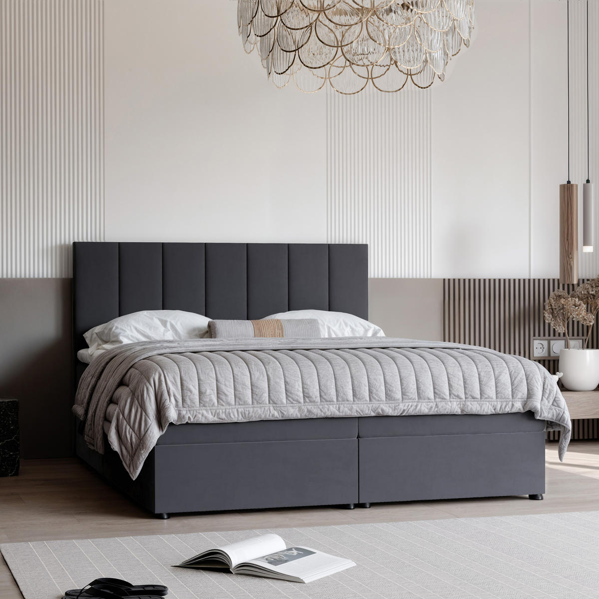 BOXBETT ZELTO 160/200 cm, mit Matratze und Topper, Dunkelgrau - Dunkelgrau, Holzwerkstoff/Textil (160/200cm) - Idohome