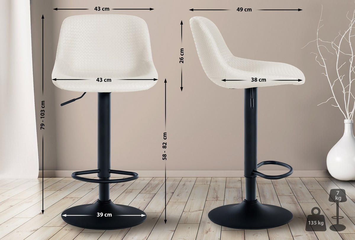 BARHOCKER 2er Set Lederlook creme - Creme/Schwarz, Textil/Metall (43/79/49cm) - CLP
