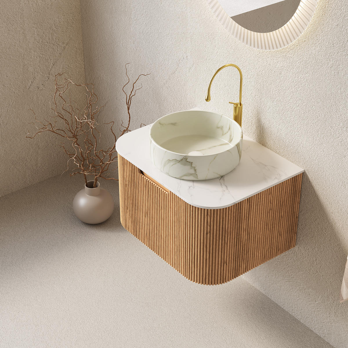 WASCHTISCHKOMBI 61x48x49.1 cm Naturholz & Weiß aus Keramik & Sintered Stone mit 3D-Streifen - Naturfarben, Stein (48/49.1/61cm) - Modfu