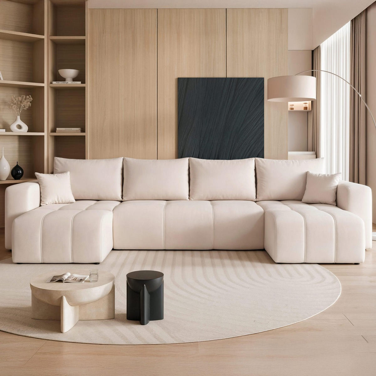 WOHNLANDSCHAFT U-Form Velours mit Bettkasten und Schlaffunktion - Creme, Holzwerkstoff/Textil (318/79/145cm) - Idohome
