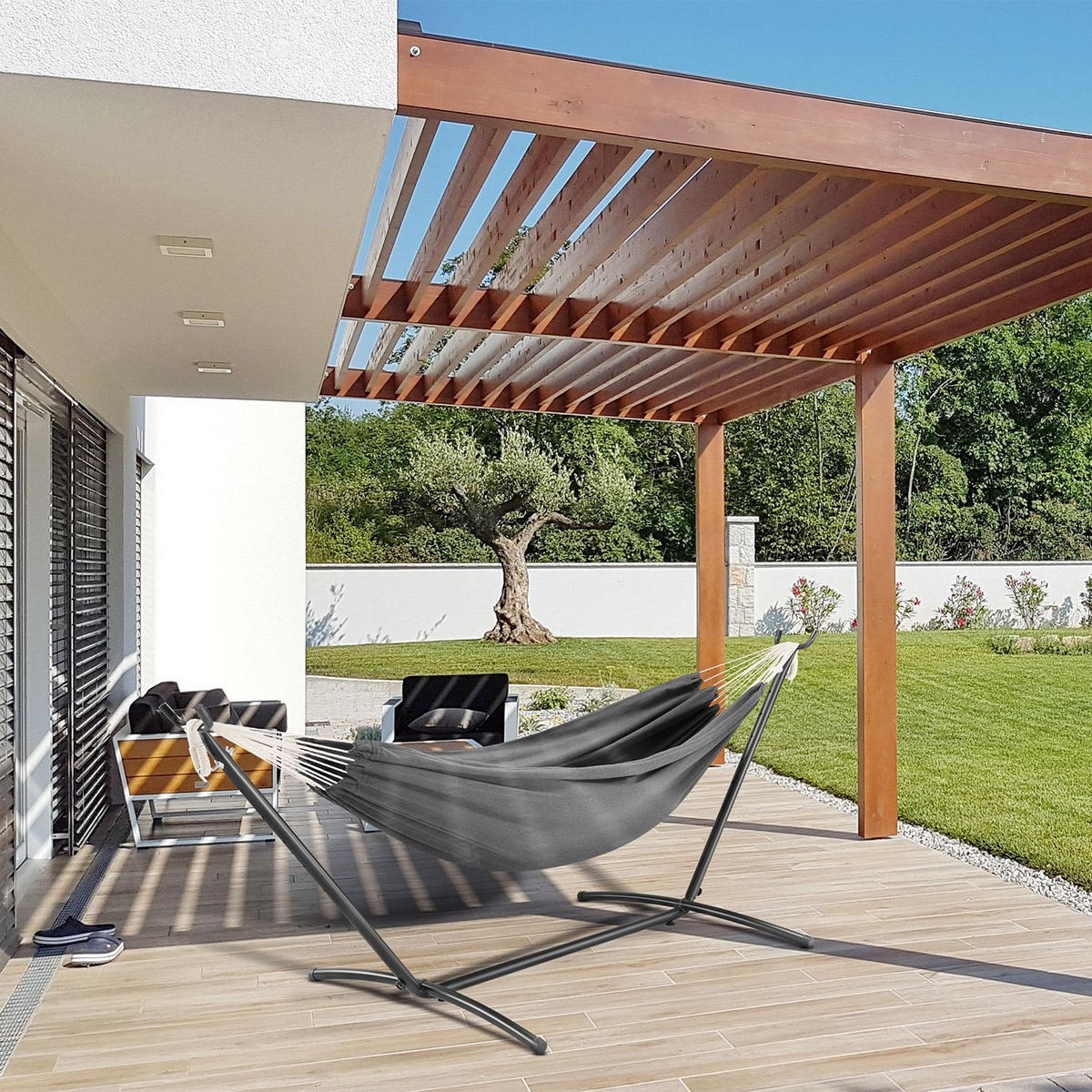 HÄNGEMATTE Paya anthrazit 281x107x96 cm - Grau, Textil/Metall (109/101/279cm) - Juskys