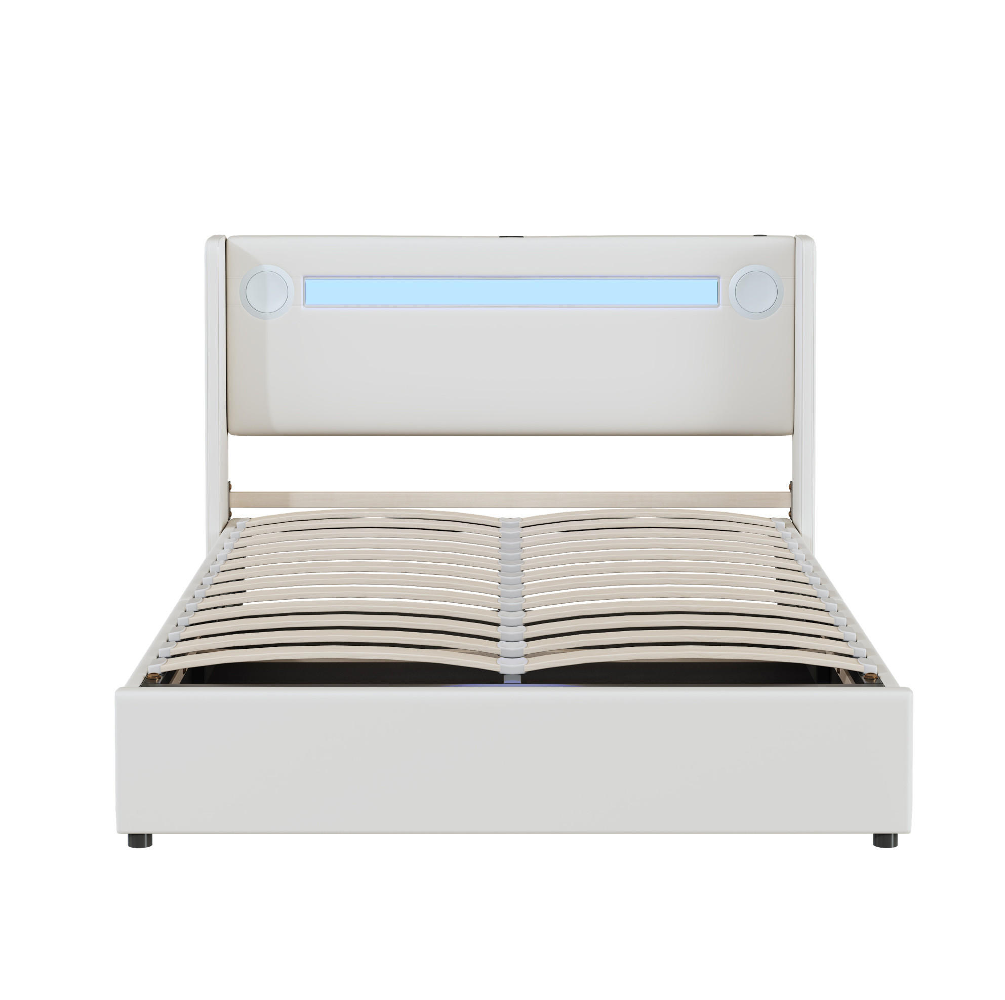POLSTERBETT 140/200 cm mit LED-Beleuchtung, Bluetooth-Lautsprecher, USB-Anschlüssen und hydraulischem Bettkasten, Weiß - Weiß, Kunststoff (140/200cm) - Redom
