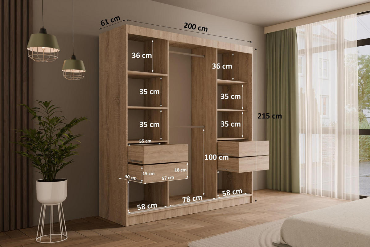 KLEIDERSCHRANK mit Spiegel V2-VITA 215x200 cm - Sonoma Eiche|Weiß - Weiß/Sonoma Eiche, Holzwerkstoff (200/215/61cm) - ALTDECOR