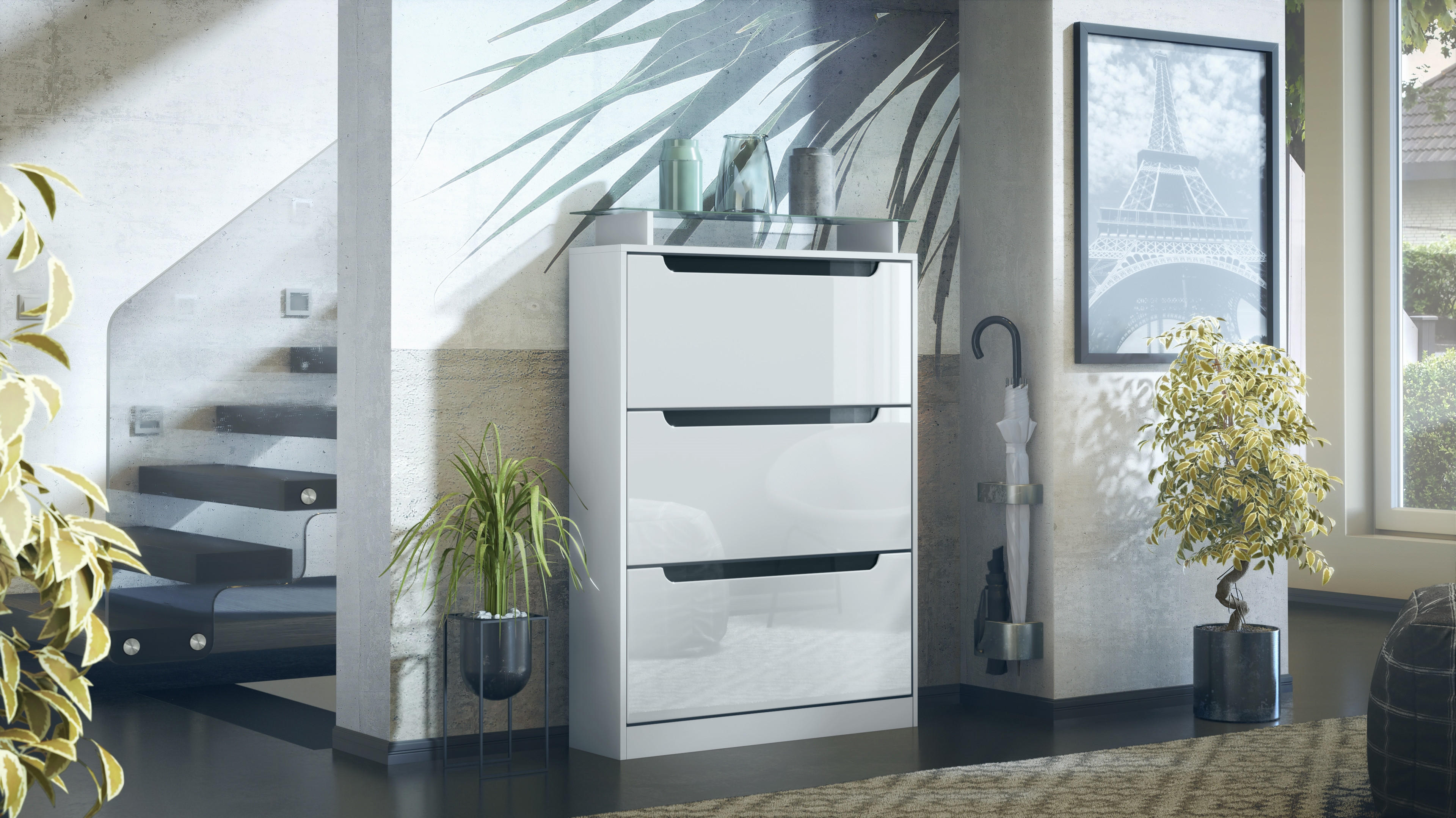 SCHUHSCHRANK Space Weiß Hochglanz / Schwarz Hochglanz - Weiß Hochglanz, Holzwerkstoff (89/128/23cm) - Vladon