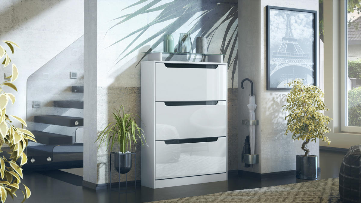 SCHUHSCHRANK Space Weiß Hochglanz / Schwarz Hochglanz - Weiß Hochglanz, Holzwerkstoff (89/128/23cm) - Vladon