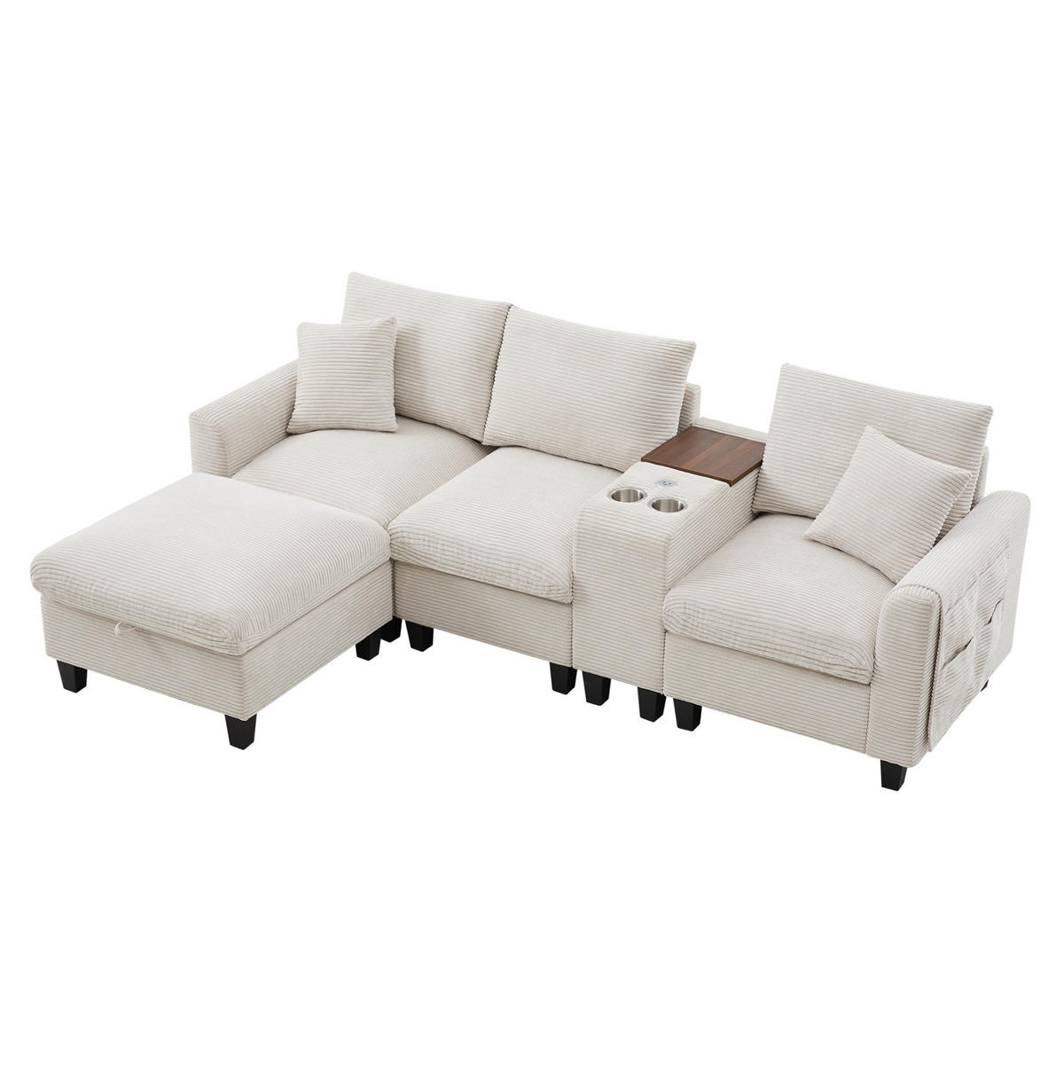 ECKSOFA L-Form Cord mit Konsole und USB-Anschluss inklusive Hocker 229/149,5/83 cm Beige - Beige, Kunststoff/Textil (83/149.5cm) - Redom