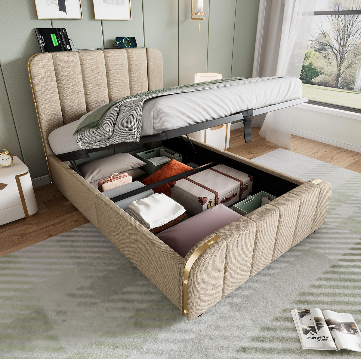 POLSTERBETT aus Leinen 90x200 cm in Beige mit USB- & Typ-C-Anschluss und Matratze - Beige, Textil (90/200cm) - Modfu