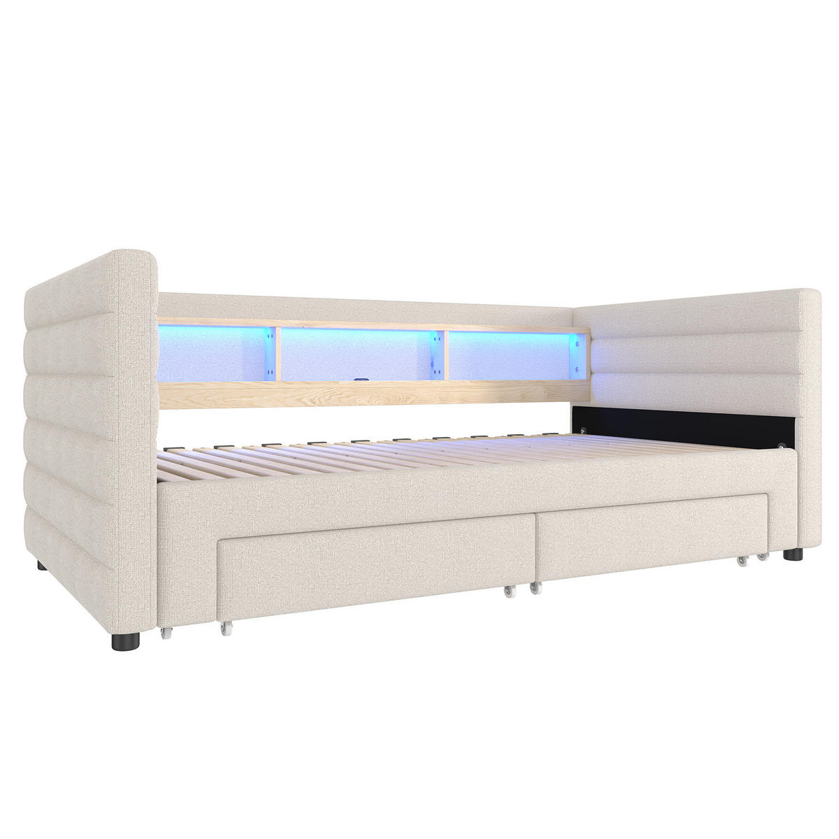 SCHLAFSOFA 90/190 cm in Beige Samt mit 2 Schubladen, LED, USB und Type-C - Beige, Holzwerkstoff/Textil (90/190cm) - WISHDOR