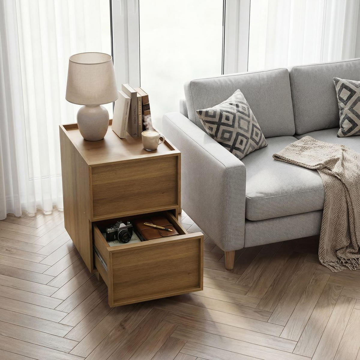 NACHTISCH EICHE 38X48X50, GRIFFLOS, MID-CENTURY - Eichefarben, Holzwerkstoff (48/50/38cm)