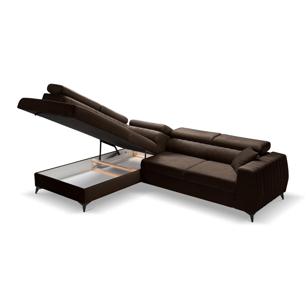 ECKSOFA PIERO L Links mit Schlaffunktion 195x125 Velours Braun - Schwarz/Braun, Holz/Textil (268/203cm) - Muffo