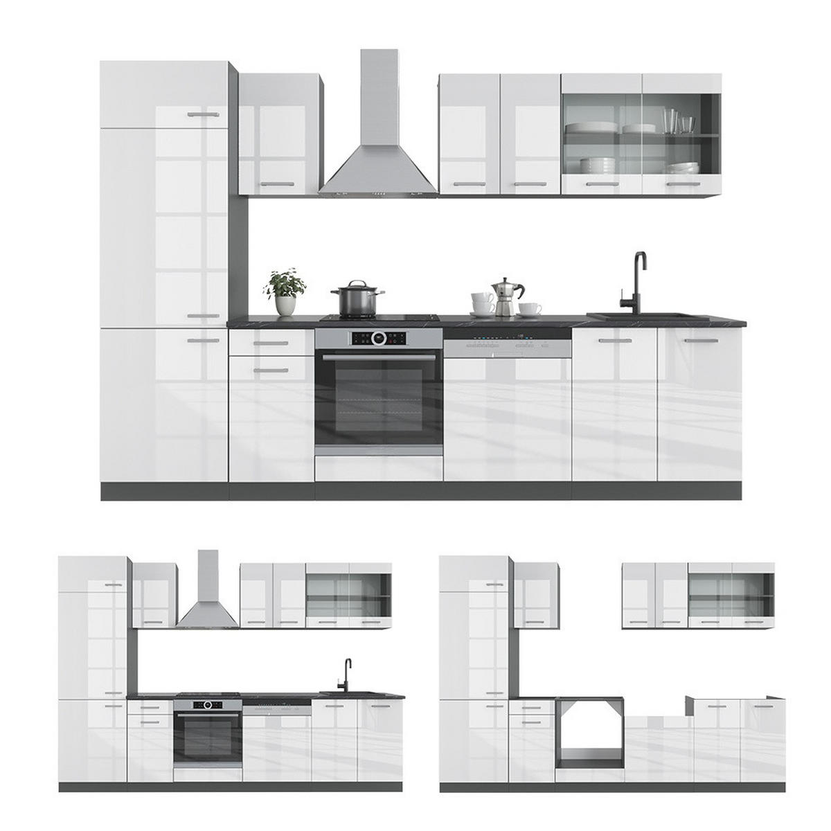 KUCHYNSKÝ KÚT R-Line Biely vysoký lesk/antracit 300 cm bez pracovnej dosky - biela s vysokým leskom/antracitová, kompozitné drevo (300/206.8/46cm) - Vicco