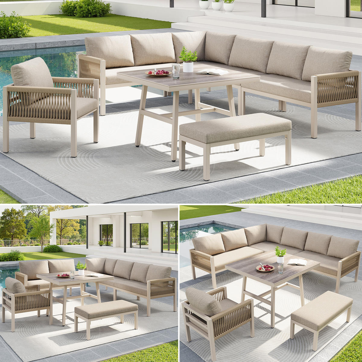 GARTENSET L-Form 8 Personen Beige Inkl. Tisch & 1 Sessel - Beige, Metall - FLIEKS