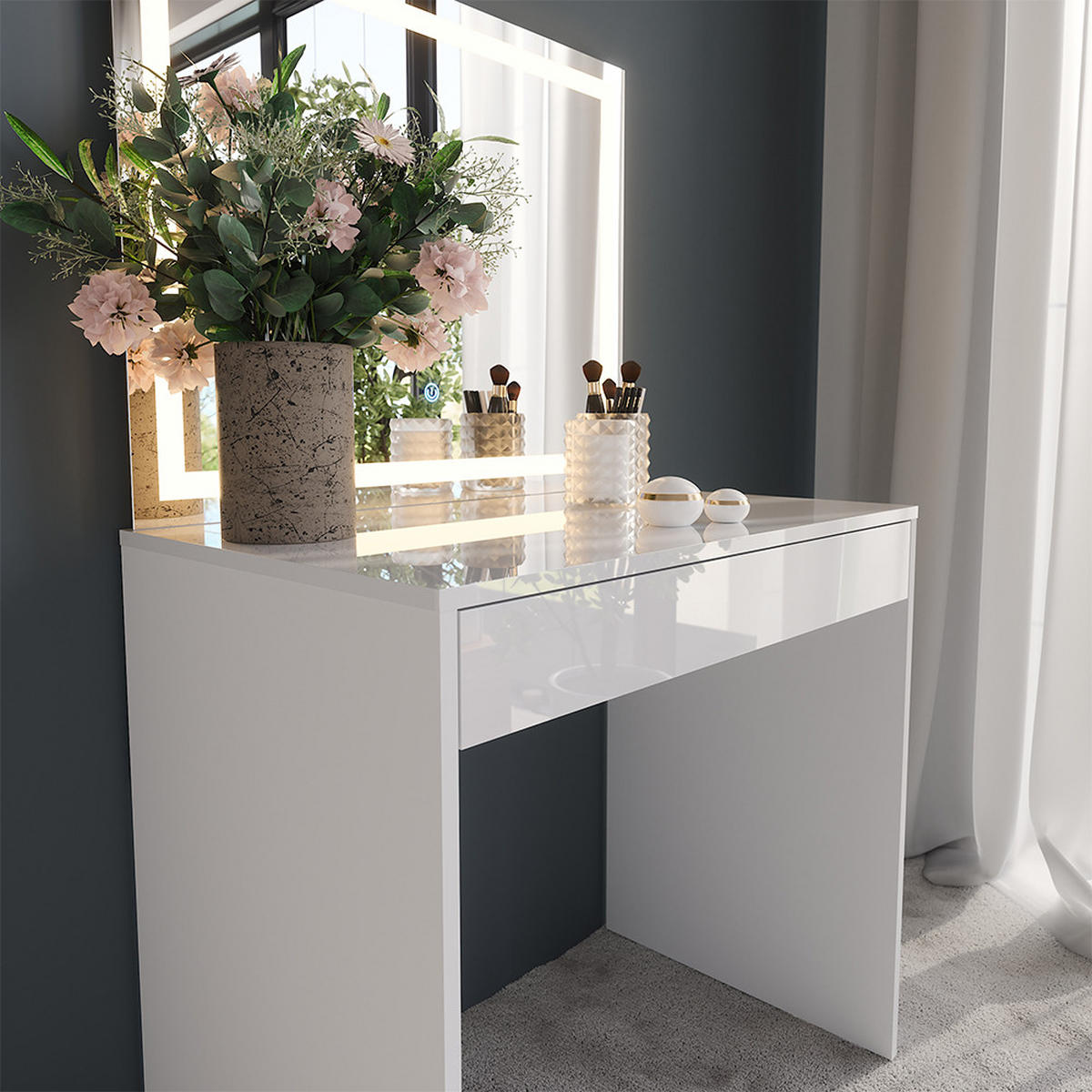 SCHMINKTISCH Sherry Weiß/Weiß Hochglanz 81.4 cm mit LED-Spiegel - Weiß Hochglanz, Holzwerkstoff (81.4/76/50.1cm) - Vicco