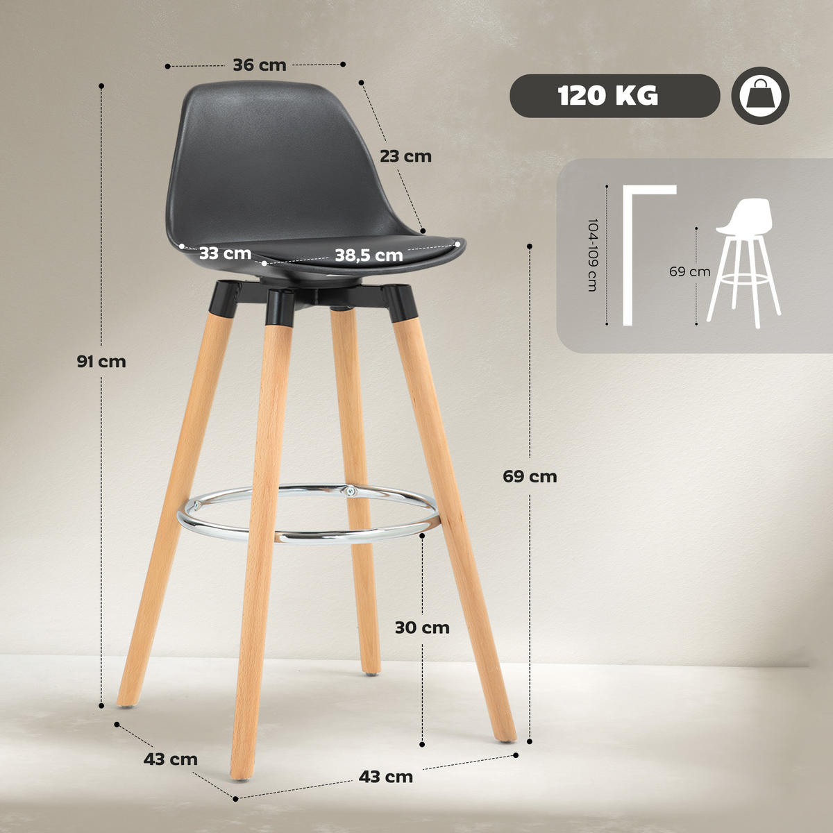 BARHOCKER-SET 2 TLG. Natur, Schwarz 43/43/91 cm - Buchefarben/Schwarz, Kunststoff/Buchenholz (43/91/43cm) - HOMCOM