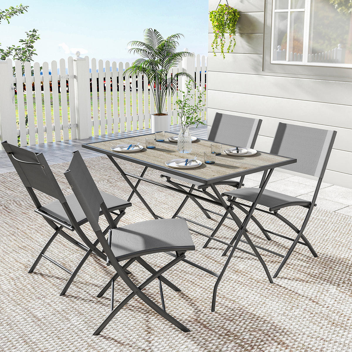 OUTDOOR-ESSGRUPPE 5er Set Stahl Netzstoff Grau - Grau, Textil/Metall - Outsunny