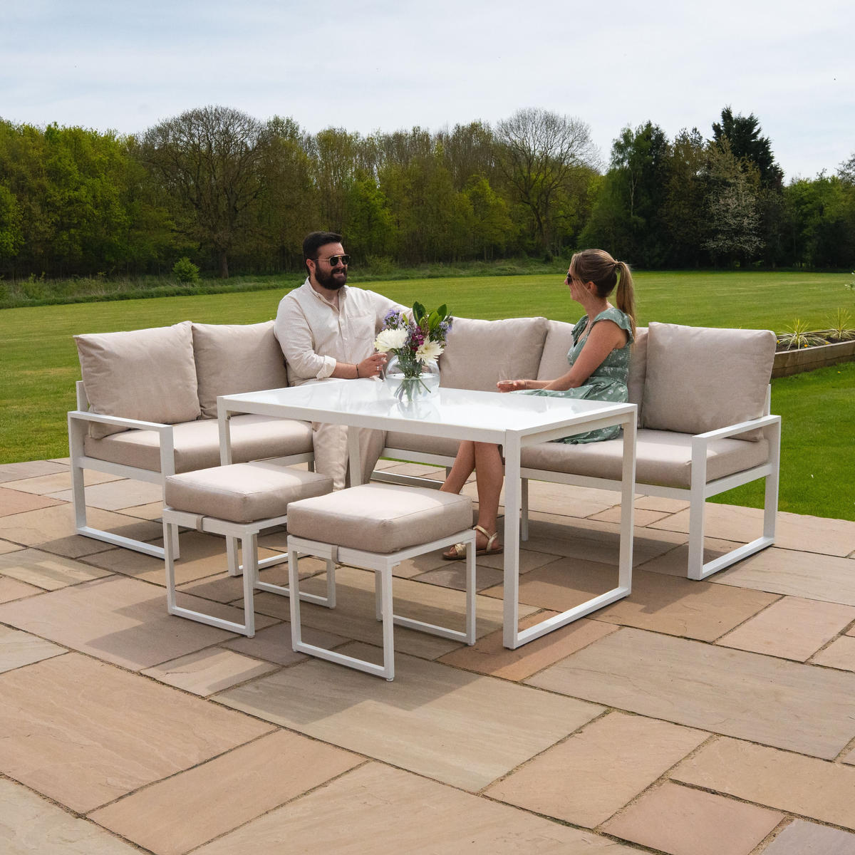ECKSOFA-SET 5-teiliges Aluminium mit schwarzer Rattan-Aufbewahrungsbox - Weiß - Weiß, Metall