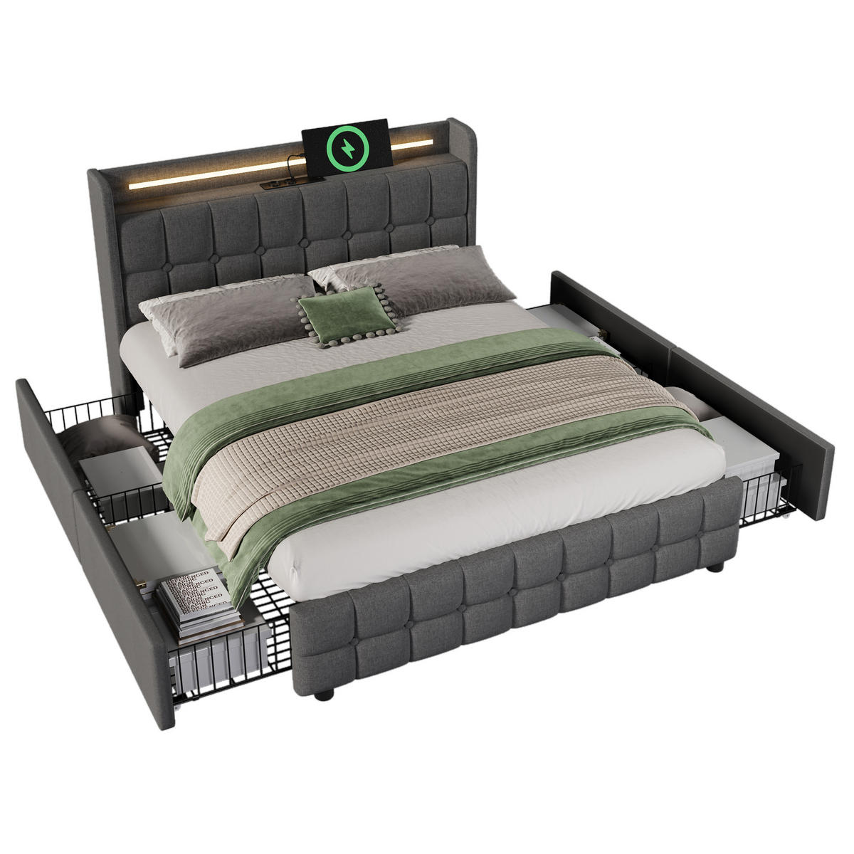 POLSTERBETT 140/200 cm in Grau mit 4 Schubladen, LED und USB - Grau, Holzwerkstoff/Textil (140/200cm) - CHICFURN