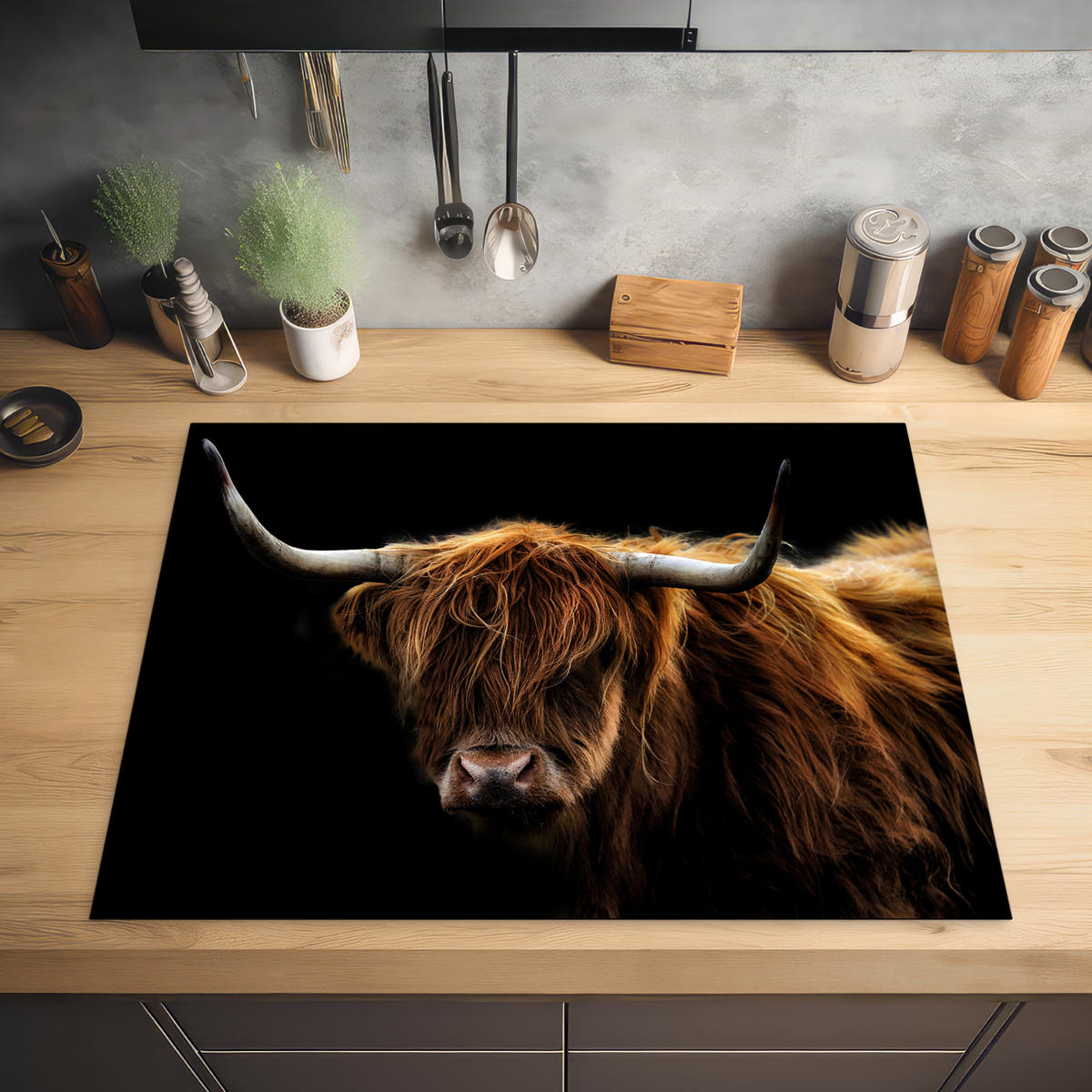 HERABDECKPLATTE - Schottischer Highlander - Hörner - Schwarz - Tiere - Natur - Wild - Kuh - 80x55 - Cognac, Kunststoff (80/55/0.2cm) - MuchoWow