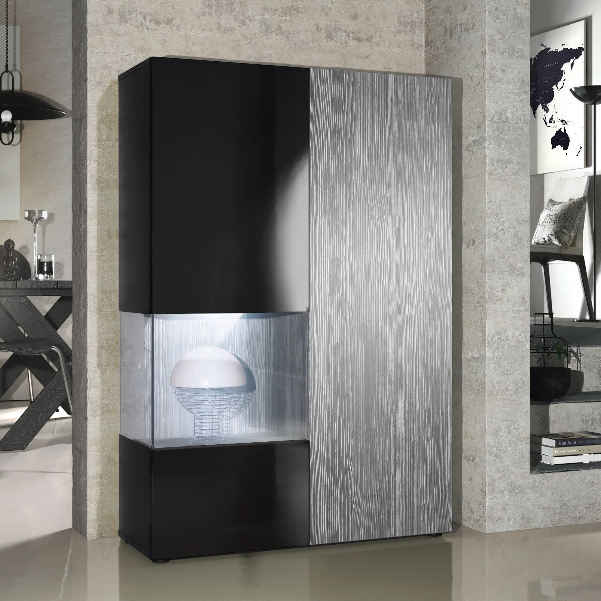 VITRINE Morena Tür und Einsatz in Avola-Anthrazit - Anthrazit, Holzwerkstoff (91.5/136.5/37cm) - Vladon