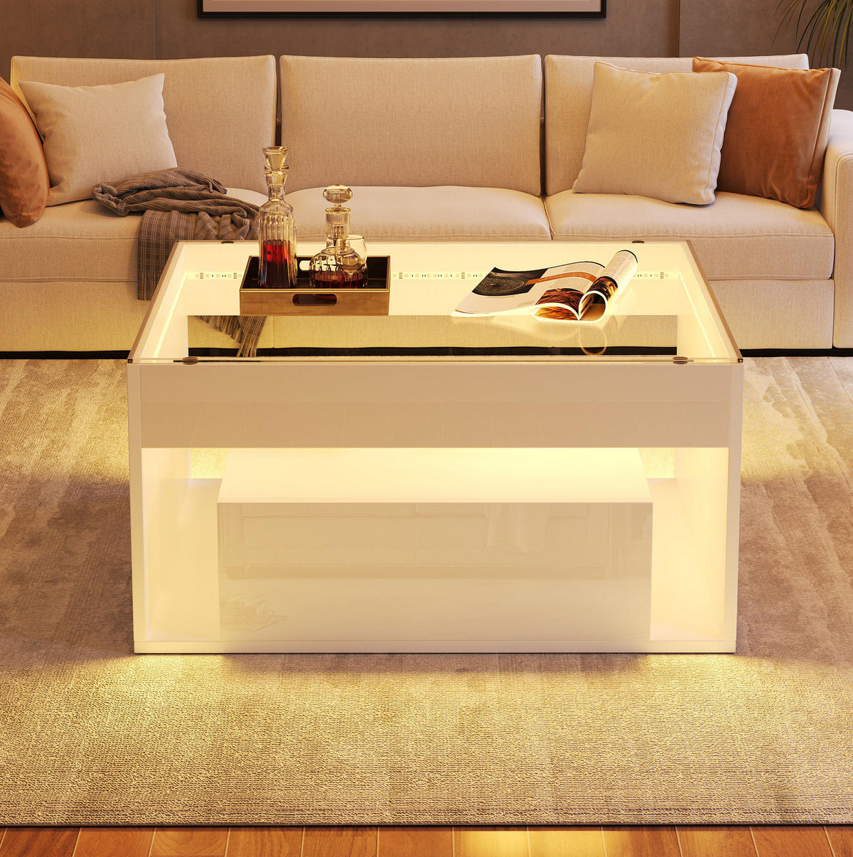 KLUBSKI stolić 70/70/35 cm bijeli od MDF-a i kaljenog stakla s LED rasvjetom i 2 ladice - bijela, drvni materijal (70/70/35cm) - OKWISH