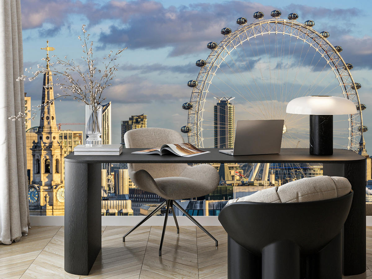 FOTOTAPETE für Schlafzimmer London Eye Skyline Wolkenkratzer Stadt 400x280 - Blau/Beige, Papier (400/280cm) - Muralo