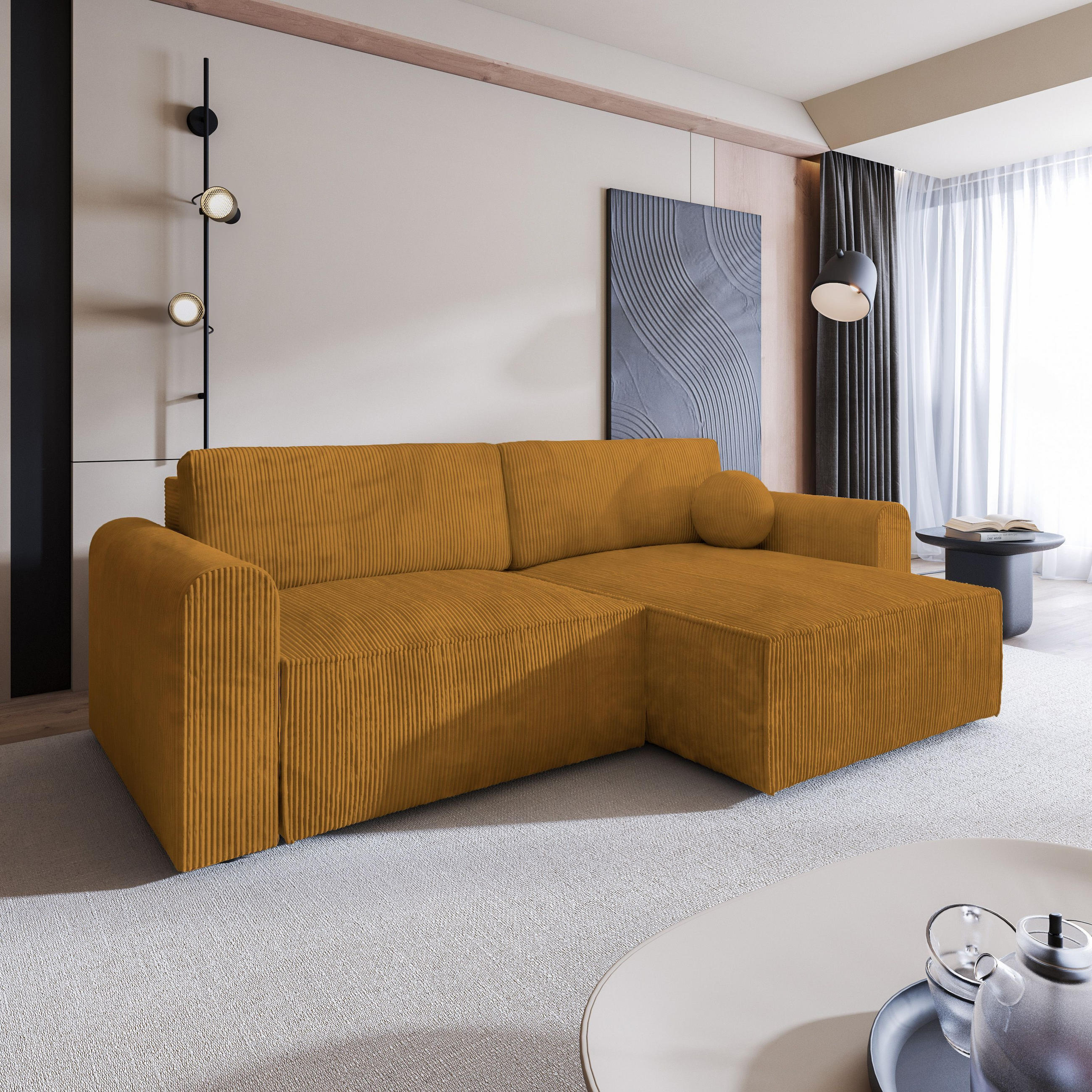ECKSOFA FIANO P Gelb Kordstoff mit Schlaffunktion - Gelb, Holz (245/148cm) - MASSENO