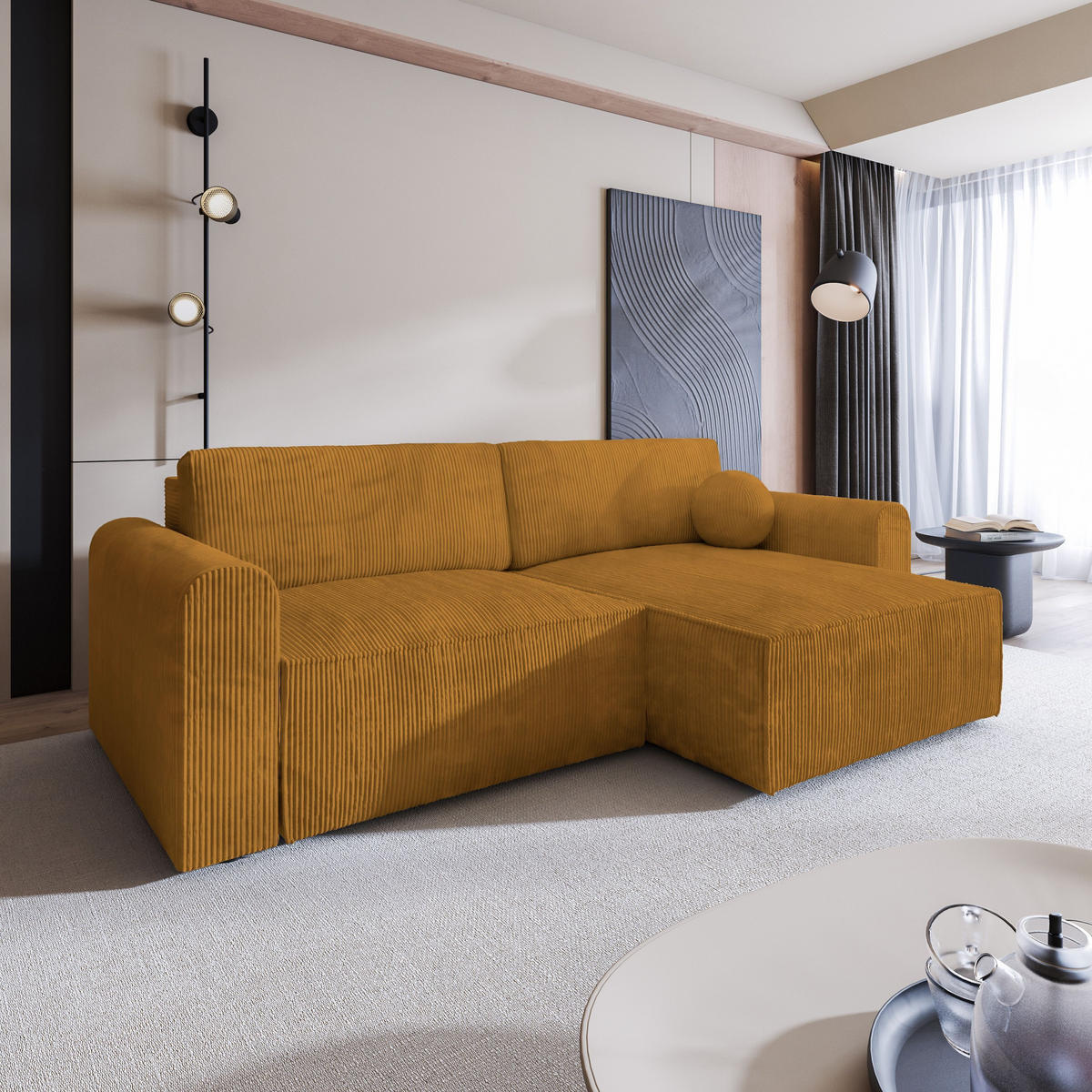 ECKSOFA FIANO P Gelb Kordstoff mit Schlaffunktion - Gelb, Holz (245/148cm) - MASSENO
