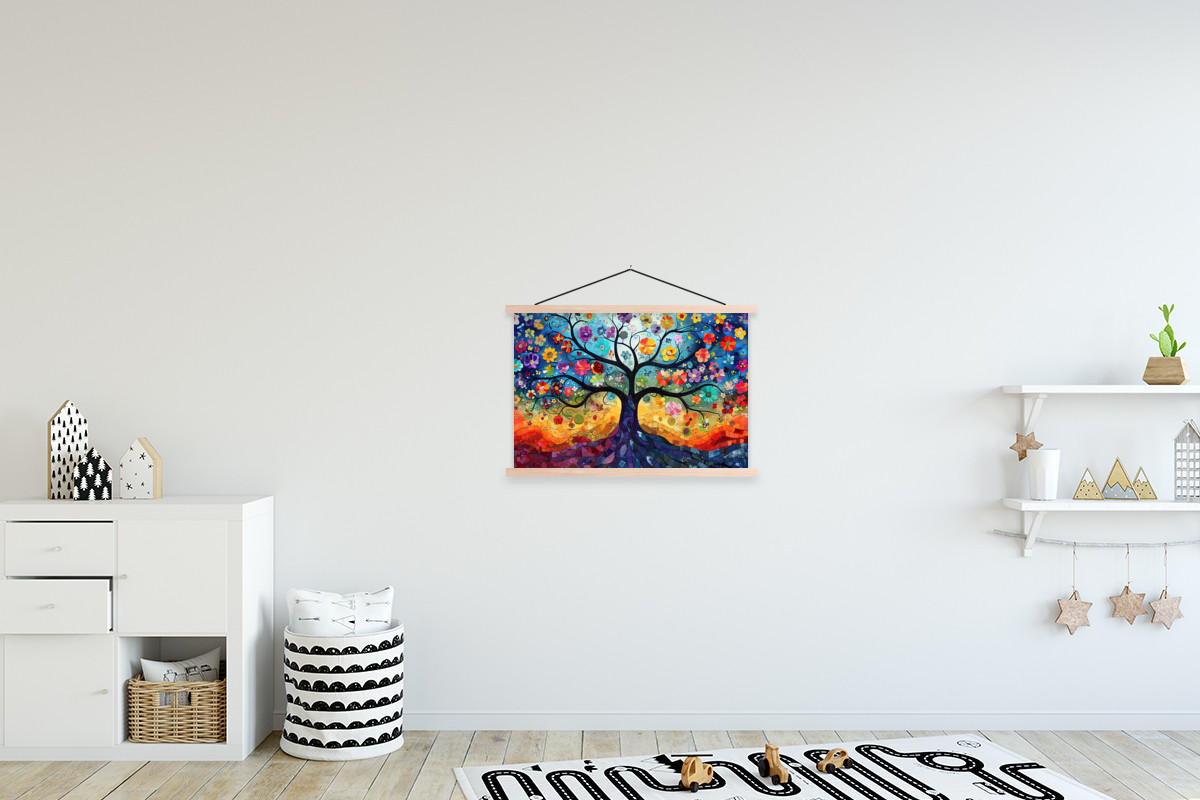 POSTER Kunst - Baum des Lebens - Blumen - Hippie 60x40 cm - Dunkelblau, Textil (60/40/0.15cm) - MuchoWow