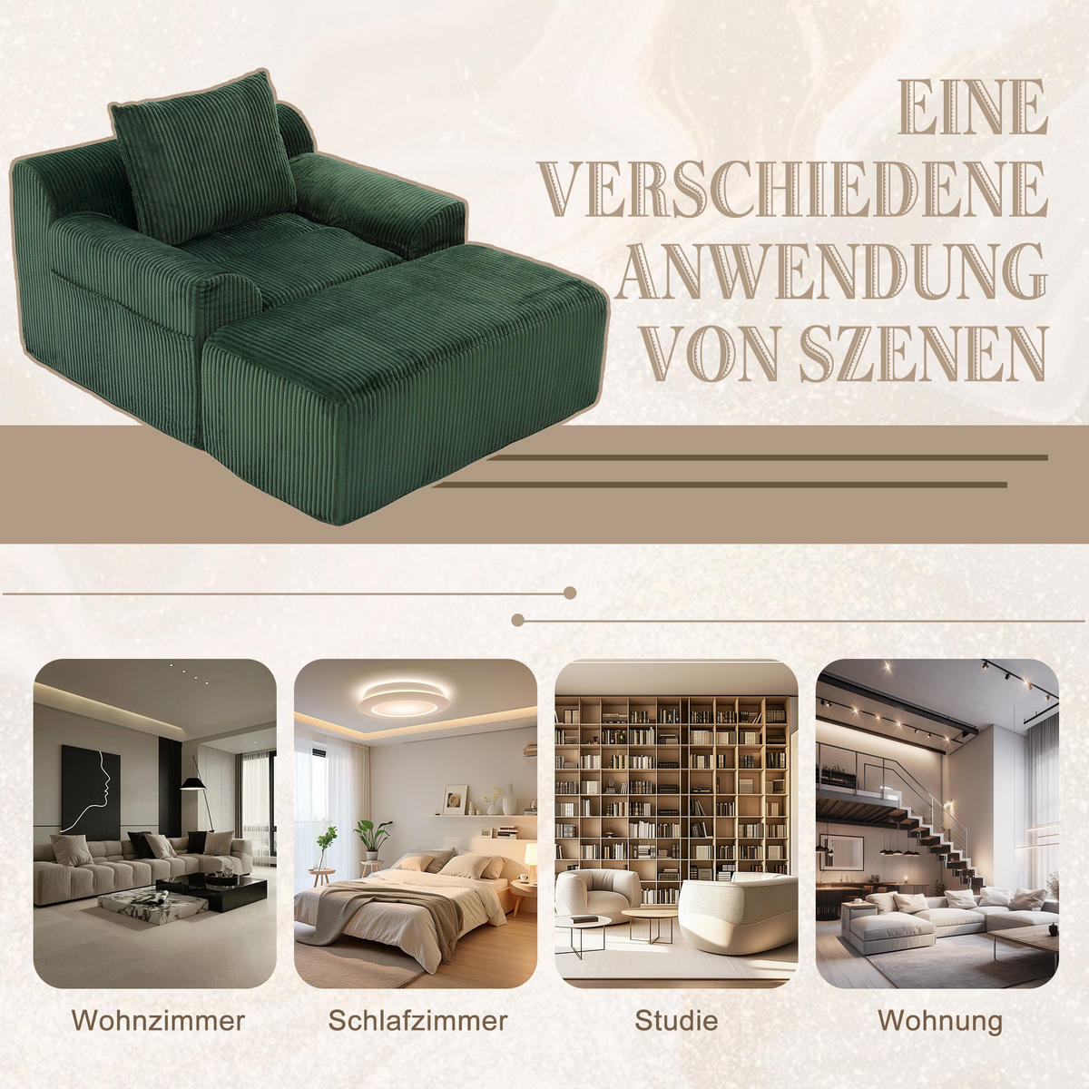 RELAXSESSELSET Übergroßer Loungesesselmit Fußhocker,Cord,Grün - Grün, Textil (110/87/147cm) - LVHOM