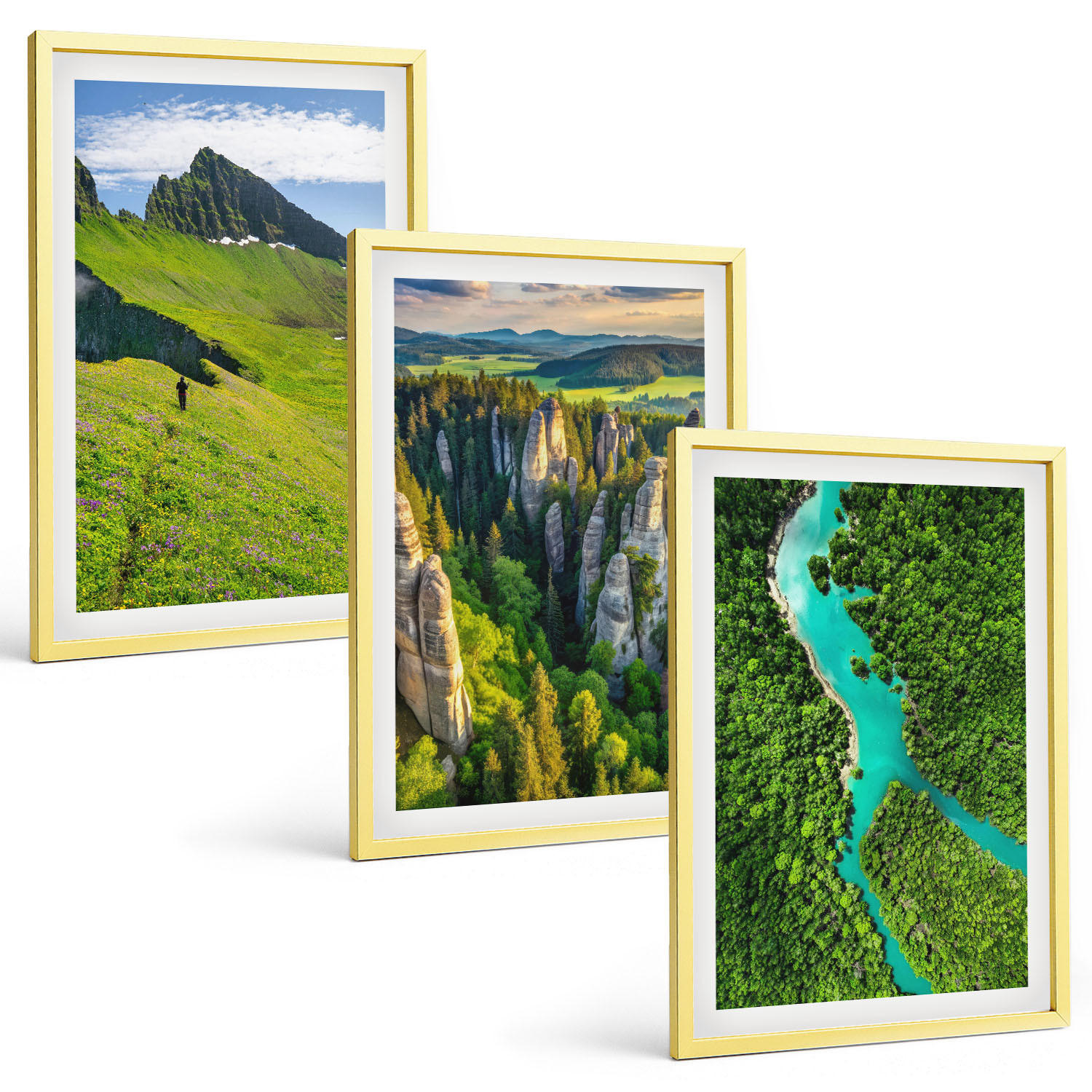 BILDER SET 3er Set - 40x60 cm Goldrahmen - Grüne Berge, Flussfelsen - Goldfarben, Kunststoff (40/60cm) - TULUP