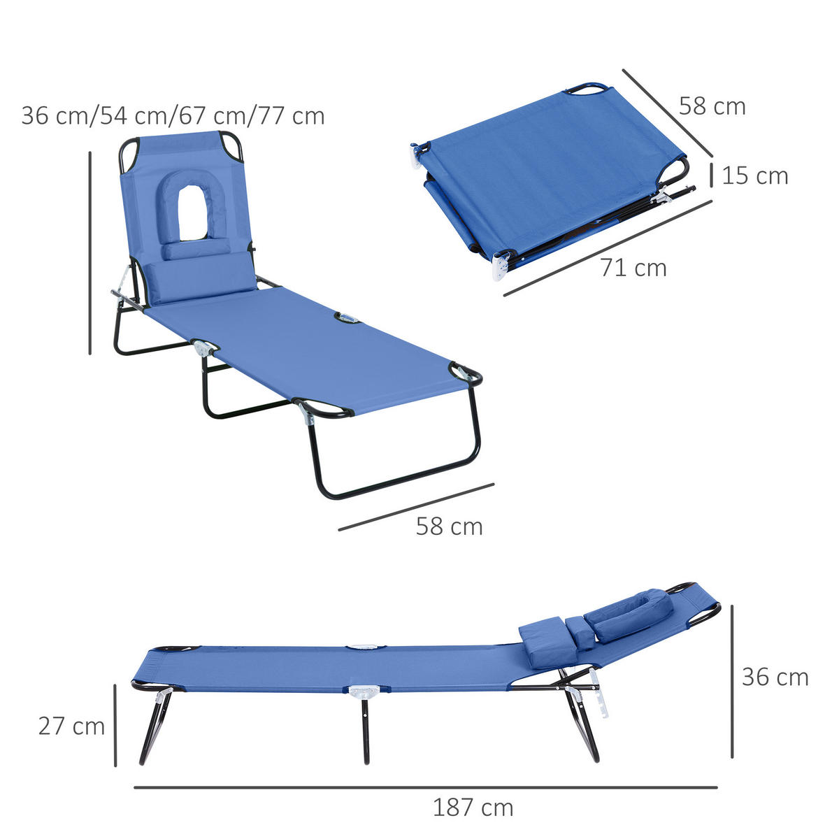 SONNENLIEGE DE-15586 klappbar, 4-fach verstellbar Blau - Blau, Metall (58/36/187cm) - ComfortXL