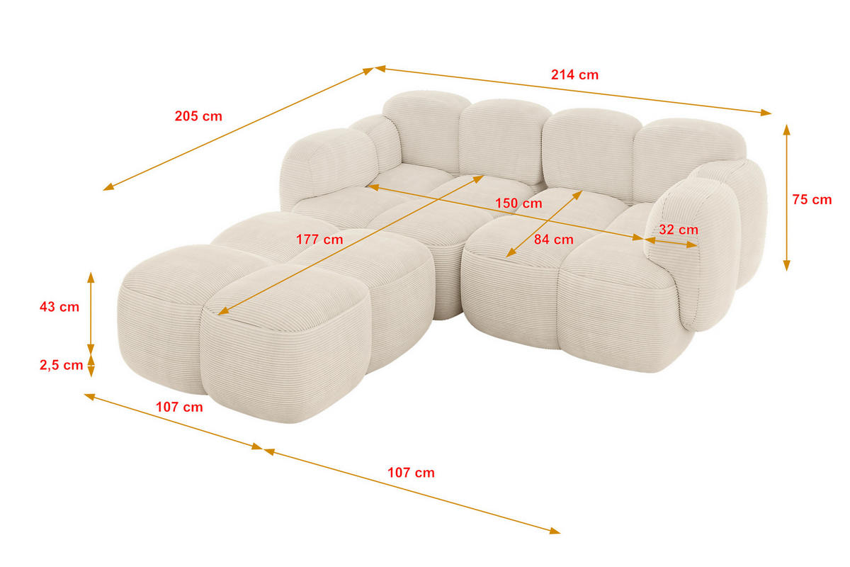 ECKSOFA modulares Sofa Links Miko-L1 214x205x75 Beige Cord - Beige/Schwarz, Holzwerkstoff/Kunststoff (214/205cm) - ALTDECOR