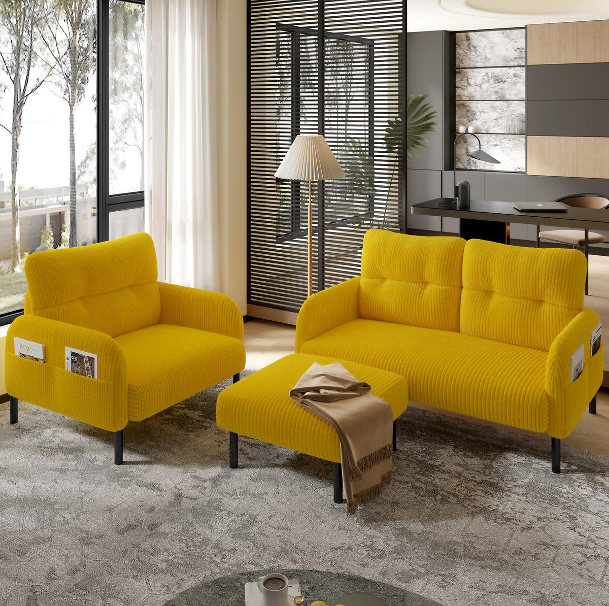 SOFA-SET 3er-Set mit 2-Sitzer, Sessel und Hocker Cord Gelb - Gelb, Textil (120/79/75cm) - IVMEU